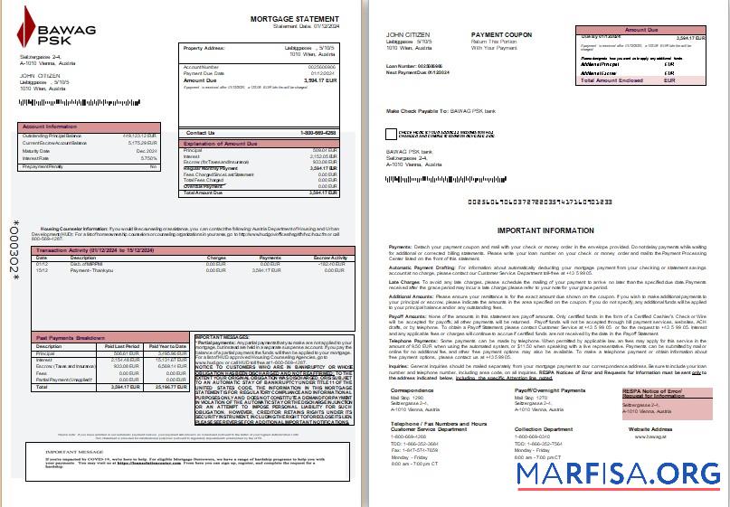 Downloadable Austria BAWAG PSK bank mortgage statement, 3 pages, 1 2 scr example